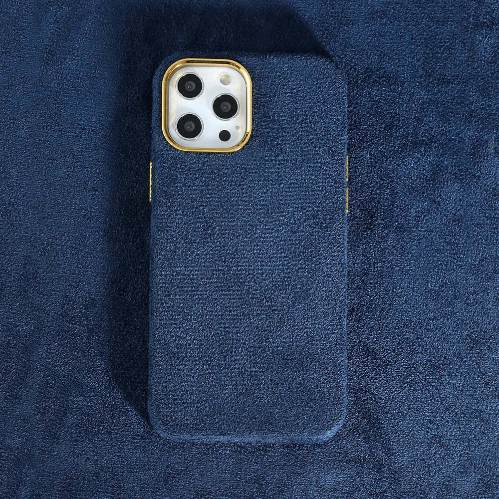 Turn Fur furry mobile phone case in solid colour, hot press moulded PU PET rear cover for iPhone