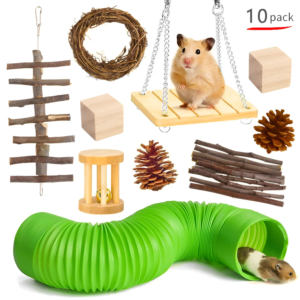 Assorted wooden chew toys and natural material sets for pet rabbits, guinea pigs, and parrots