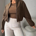 Women's off-shoulder lantern sleeve short coat in brown or milky white polyester