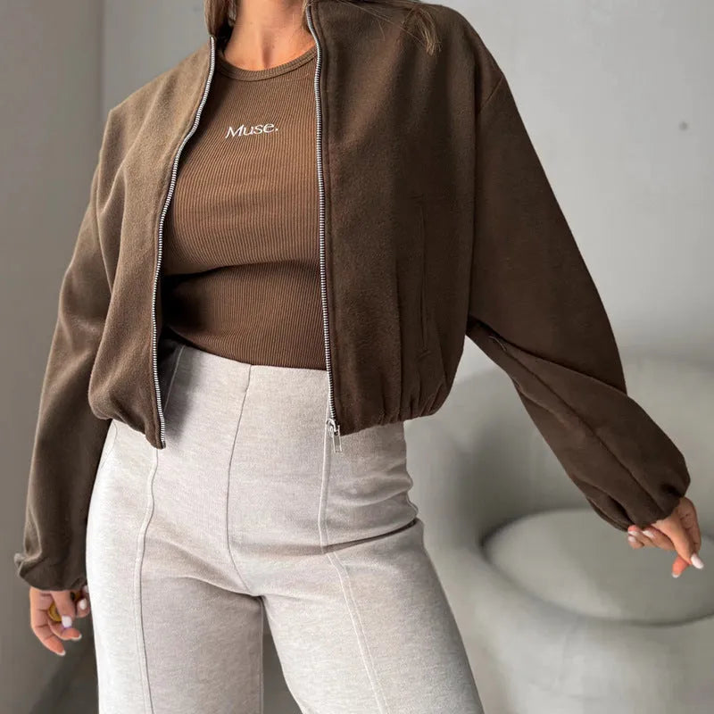 Women's off-shoulder lantern sleeve short coat in brown or milky white polyester