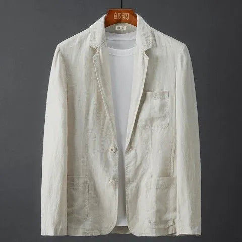 Men's slim fit solid colour linen suit coat on a hanger, showing nine-point sleeves and mid-length cut.