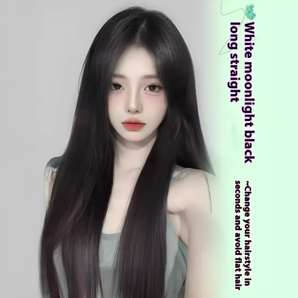 Women's full-head fluffy wig with forehead lace in brown black high temperature fibre.