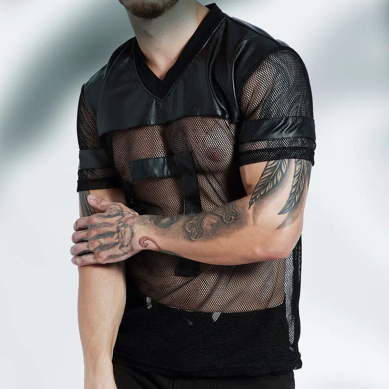 Black men's V-neck polyester sports t-shirt with mesh stitching detail on a hanger.