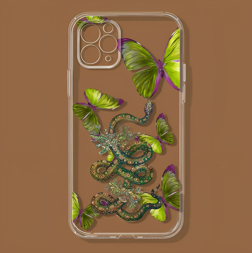Creative funny butterfly snake silicone phone case for iPhone, transparent frosted finish