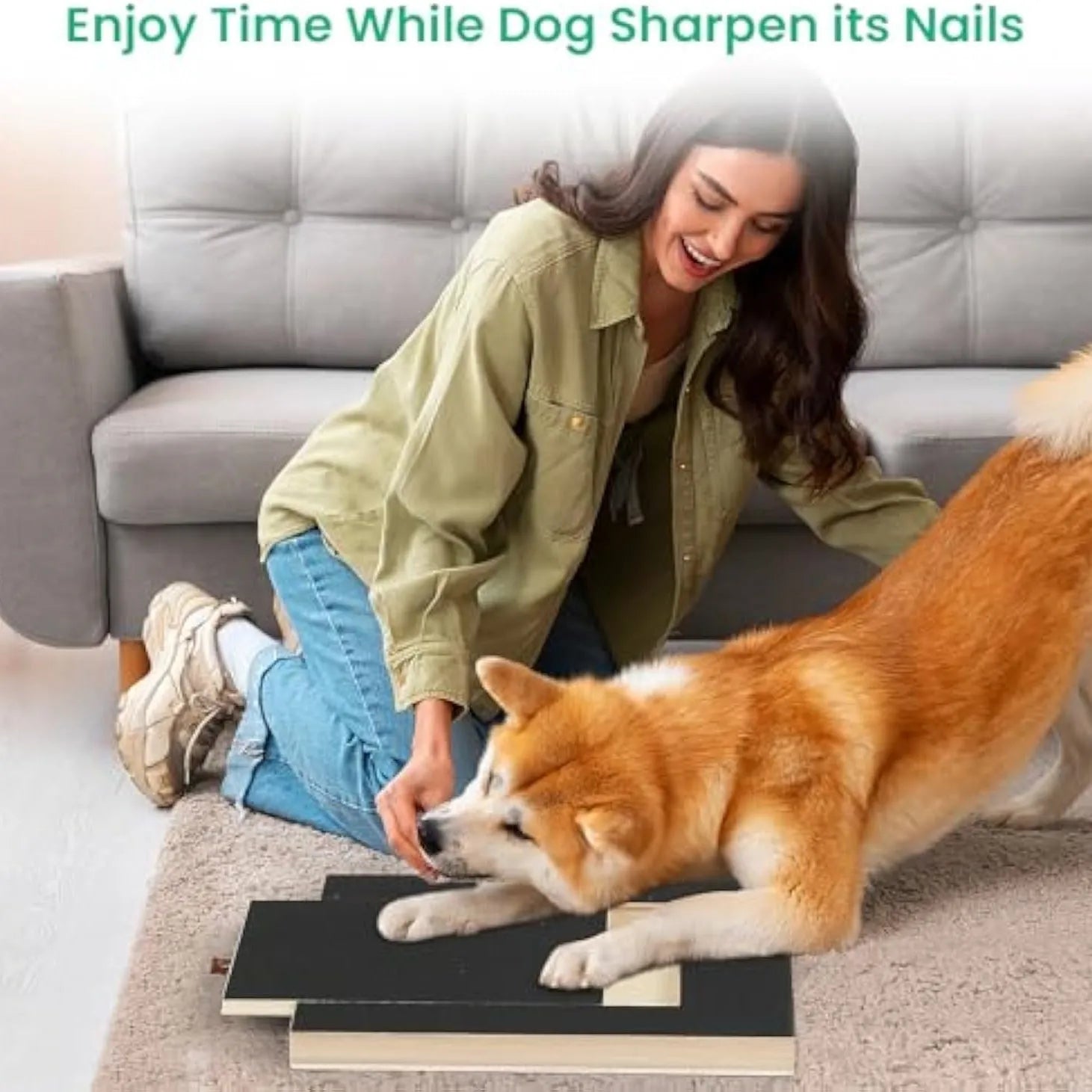 Premium wood dog nail scratch board with treat drawer and non-slip pads on a floor.
