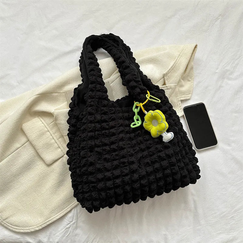 Women's pleated bubble shoulder bag in vertical square shape with pendant accessory