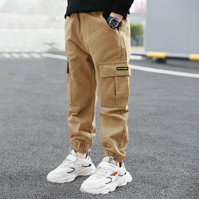 Boys' cotton casual trousers in army green, black or khaki for middle school children aged 8+
