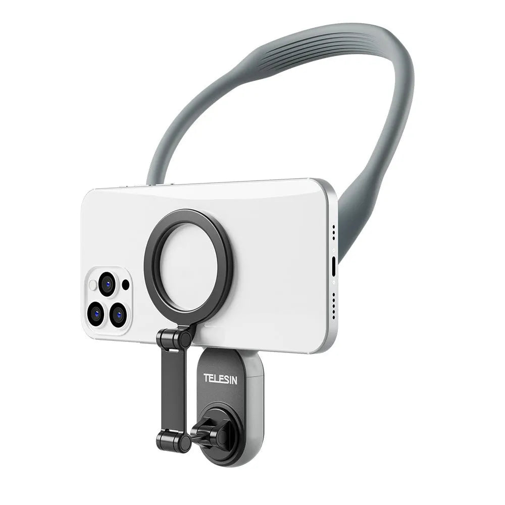 Grey silicone magnetic neck mount holding mobile phone in horizontal orientation