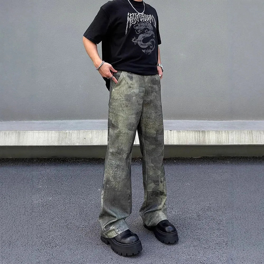 Retro digital camouflage pattern on straight-leg men's jeans with a mid-rise waist.