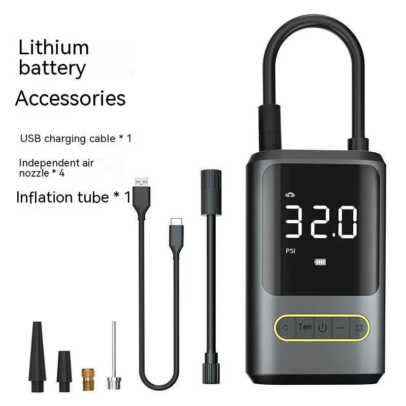 Handheld wireless digital display car air pump with LED light on black ABS body.