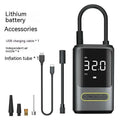 Handheld wireless digital display car air pump with LED light on black ABS body.