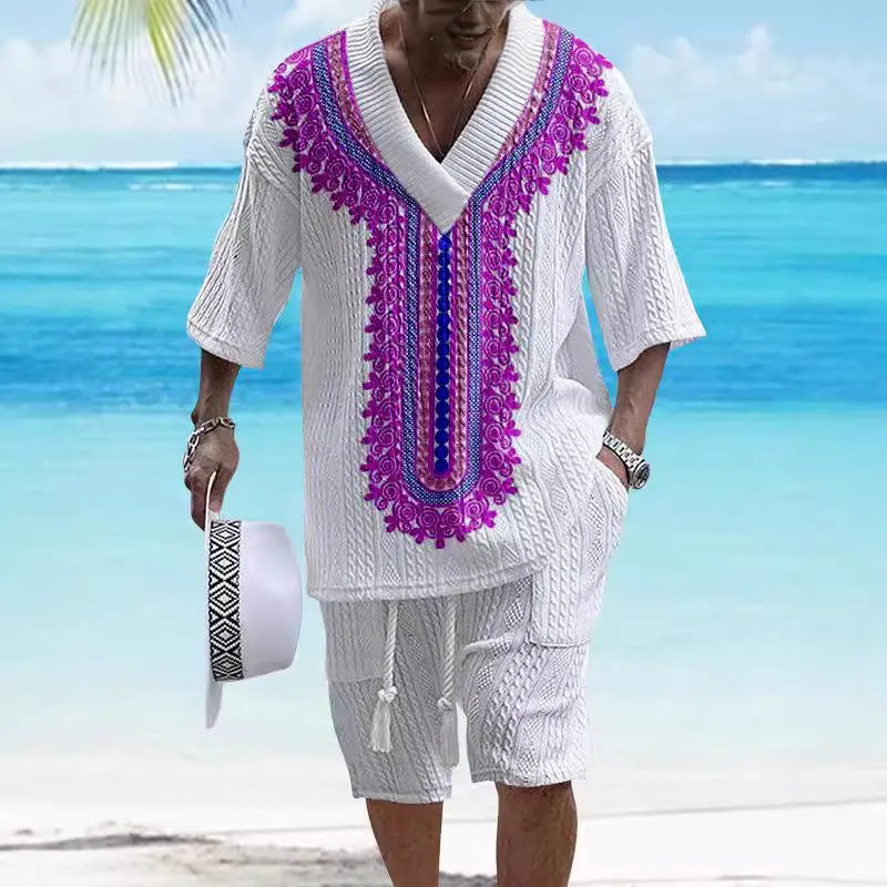 Men's grey printed drop-shoulder knitted short-sleeve top with matching shorts, a casual tracksuit set.