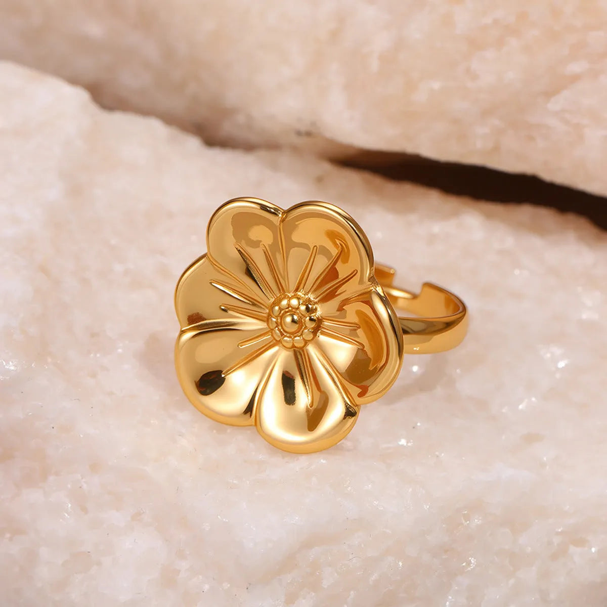 Stainless steel geometry pattern flower ring with open design for women in affordable luxury style
