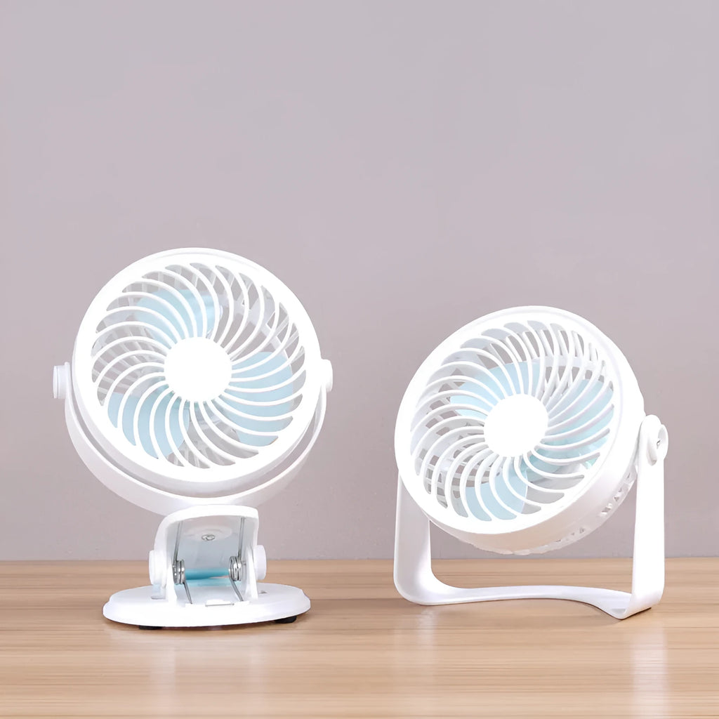 White USB desktop clip fan with three blades and compact 19x15x10cm dimensions