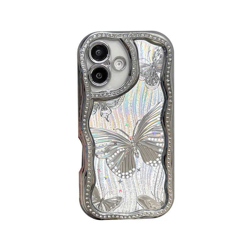 Cream TPU phone case with laser butterfly pattern and diamond edge for Apple iPhone