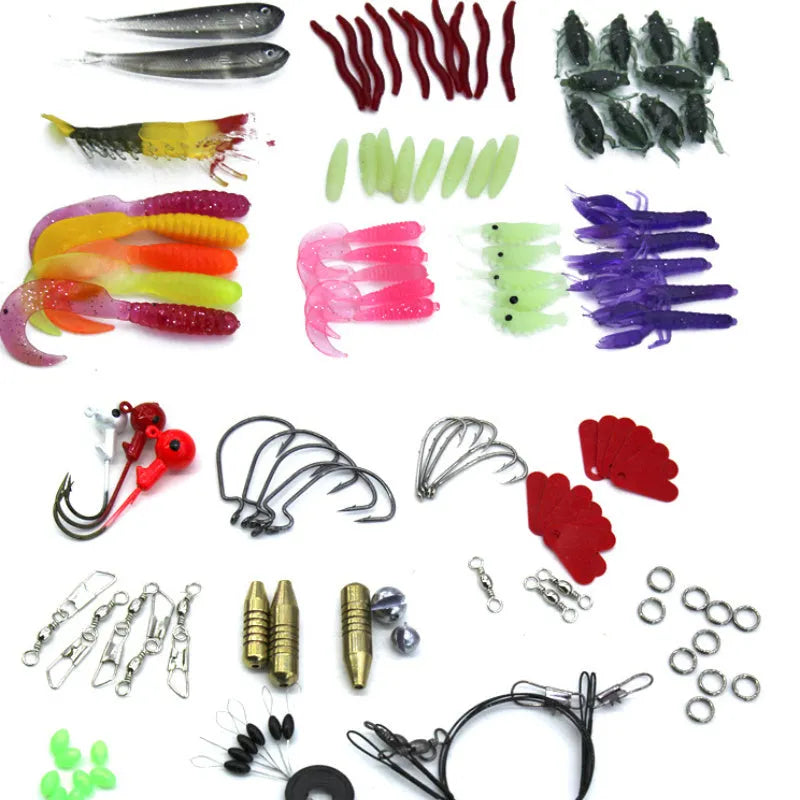 132-piece fishing lure set with soft baits, high carbon steel hooks, and rose red treasure colour lures in storage case
