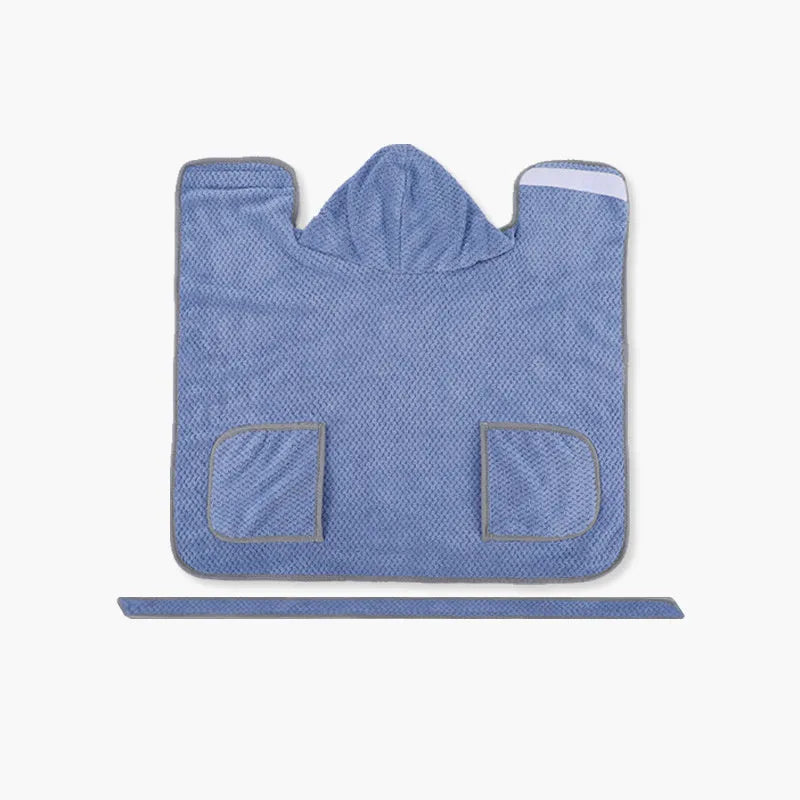 Blue dog bath robe towel with adjustable waistband shown on dog model