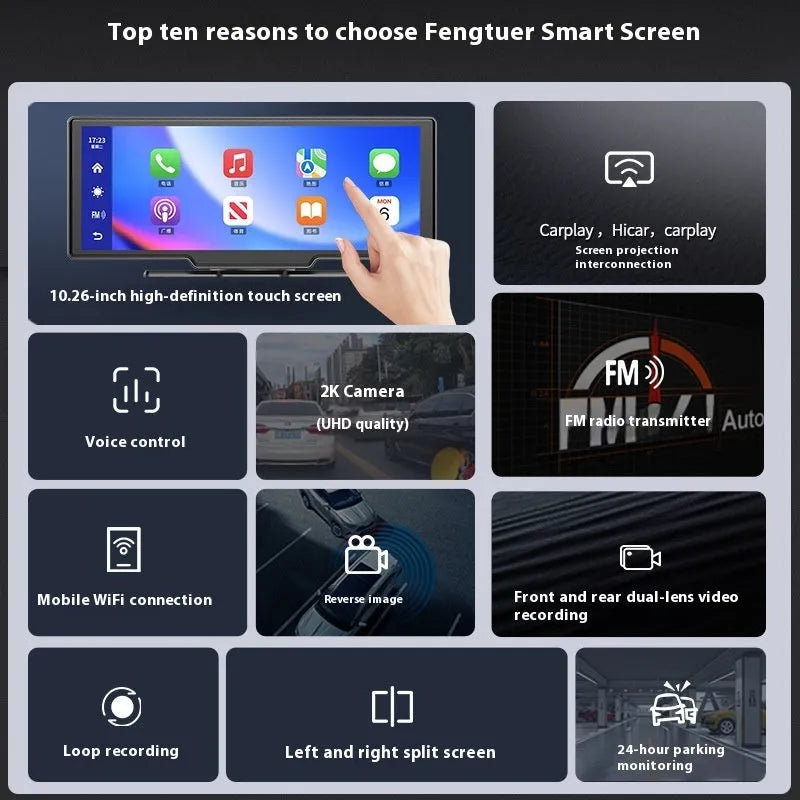 10-inch car touchscreen display showing Carplay interface with separate front and rear camera views.