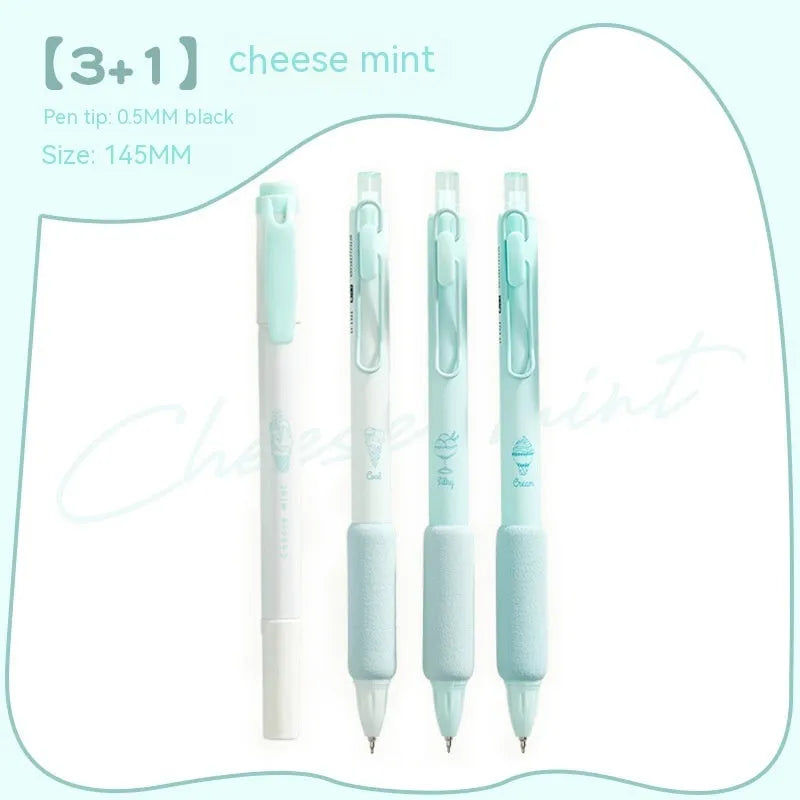 Four double-headed fluorescent calligraphy pens with 0.5mm tips for student practice.