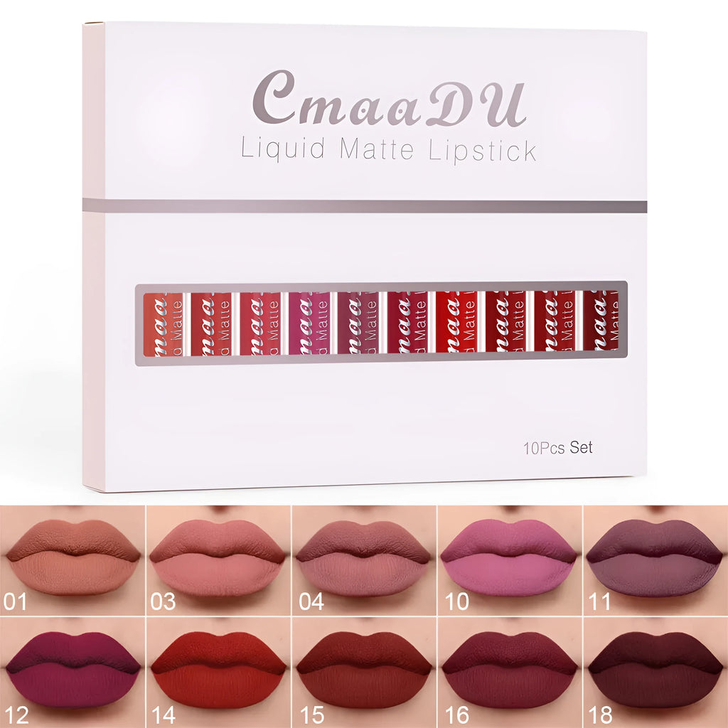 Ten pieces of matte long lasting waterproof lip gloss in assorted colours on a white background