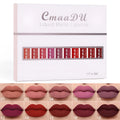 Ten pieces of matte long lasting waterproof lip gloss in assorted colours on a white background