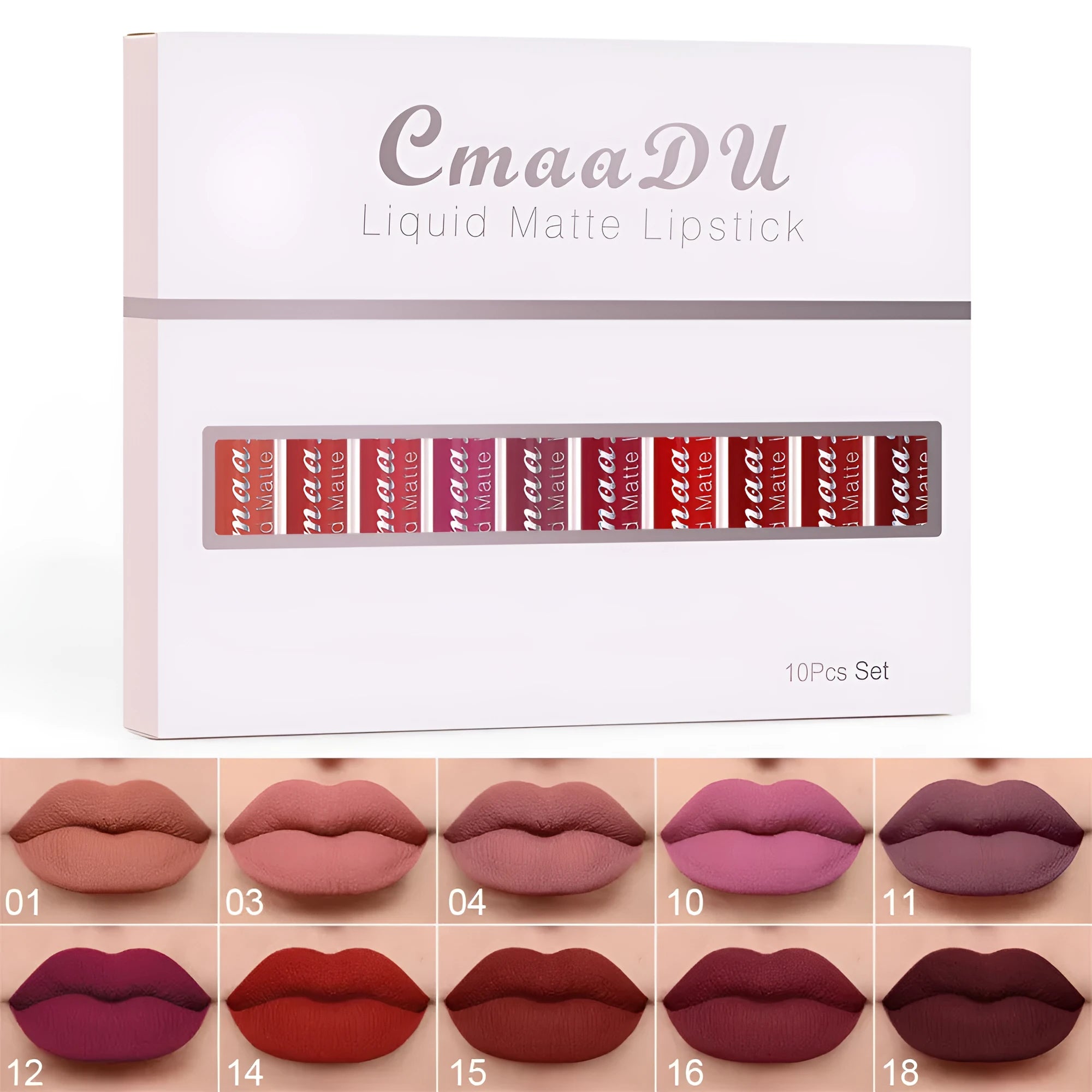 Ten pieces of matte long lasting waterproof lip gloss in assorted colours on a white background