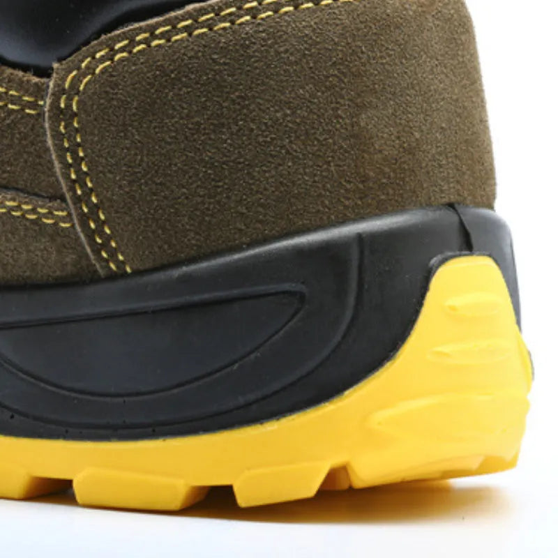 Bronze coloured men's low-cut safety boots with cow suede upper and steel toe cap on anti-slip sole
