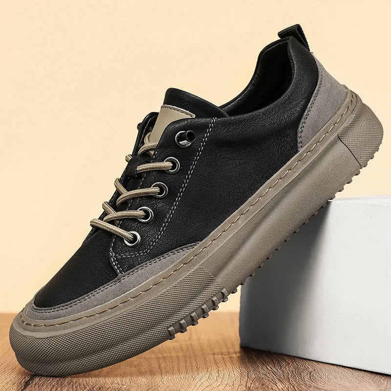 Men's round toe board shoes in black with lace-up front and rubber sole