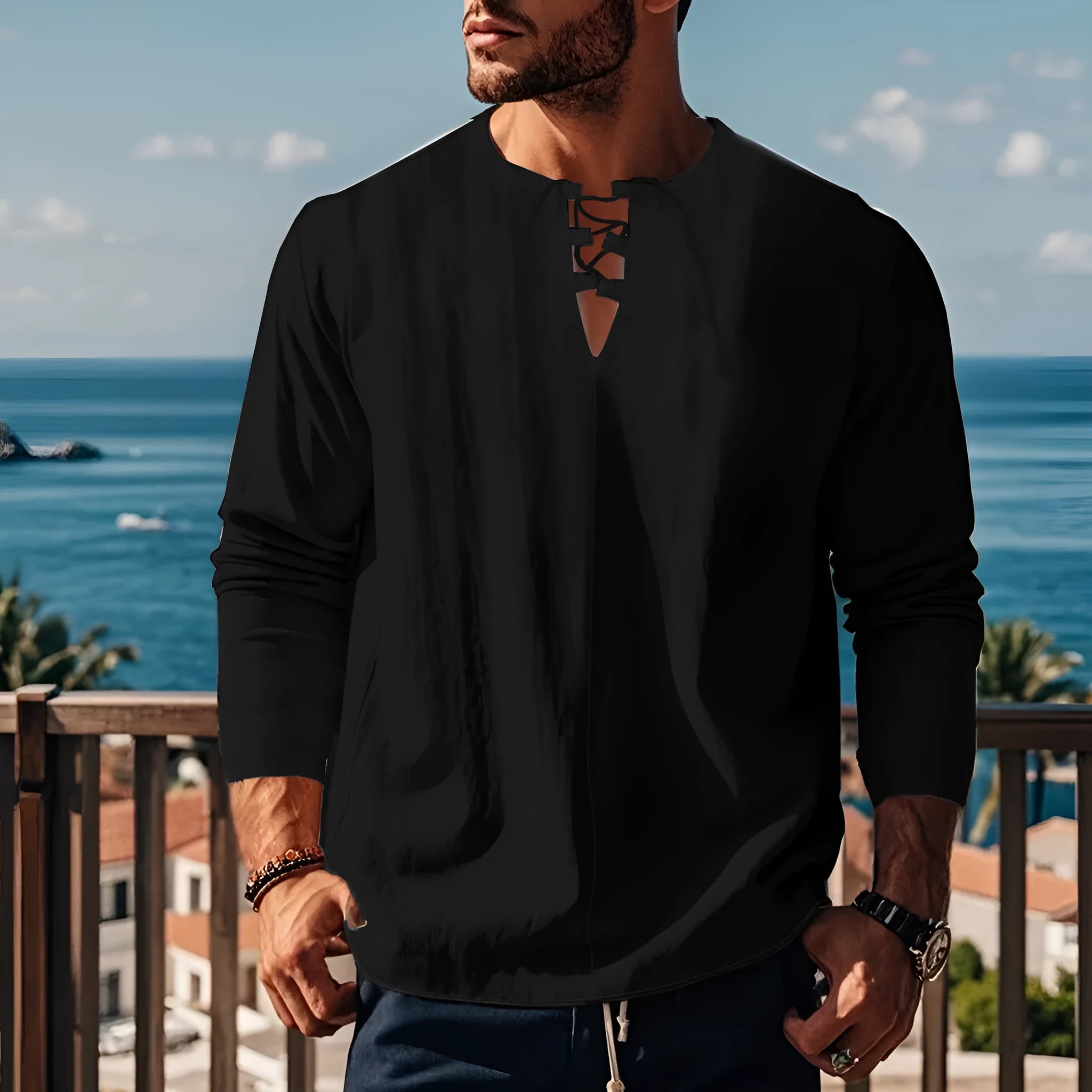 Solid colour cotton linen beach ruff shirt in a loose pullover style.
