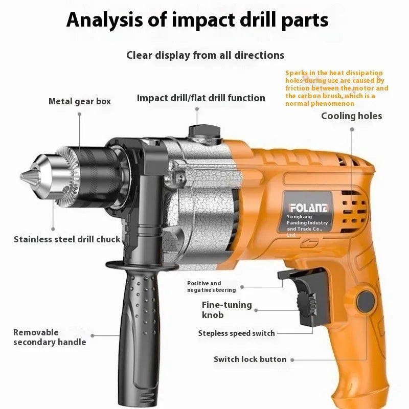 1980W aluminium shell impact drill with attachments including drill bit sleeve and universal shaft