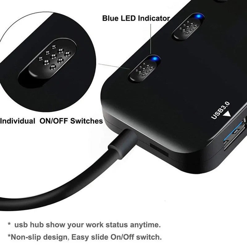 USB 3.0 4 port hub, model Gms-1103u3, with external power supply and Type C and USB ports