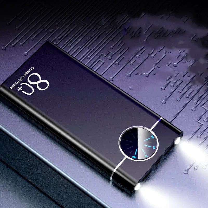 Black fast charging power bank with 20000mAh capacity showing LED flashlight and charging ports