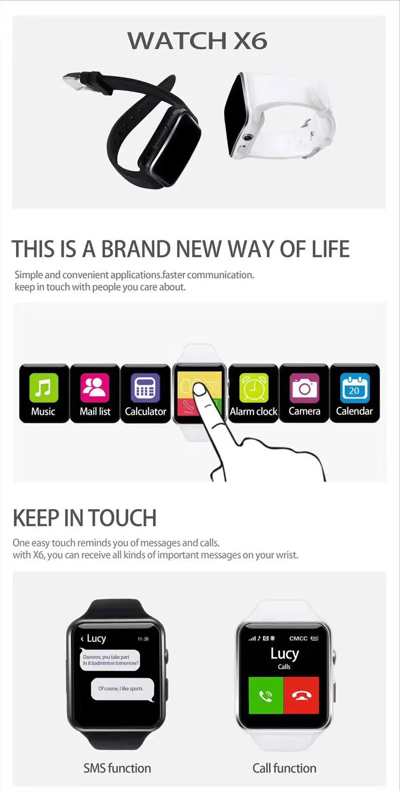Smart watch with 1.54 inch touchscreen on a silicone strap, shown in black colour.