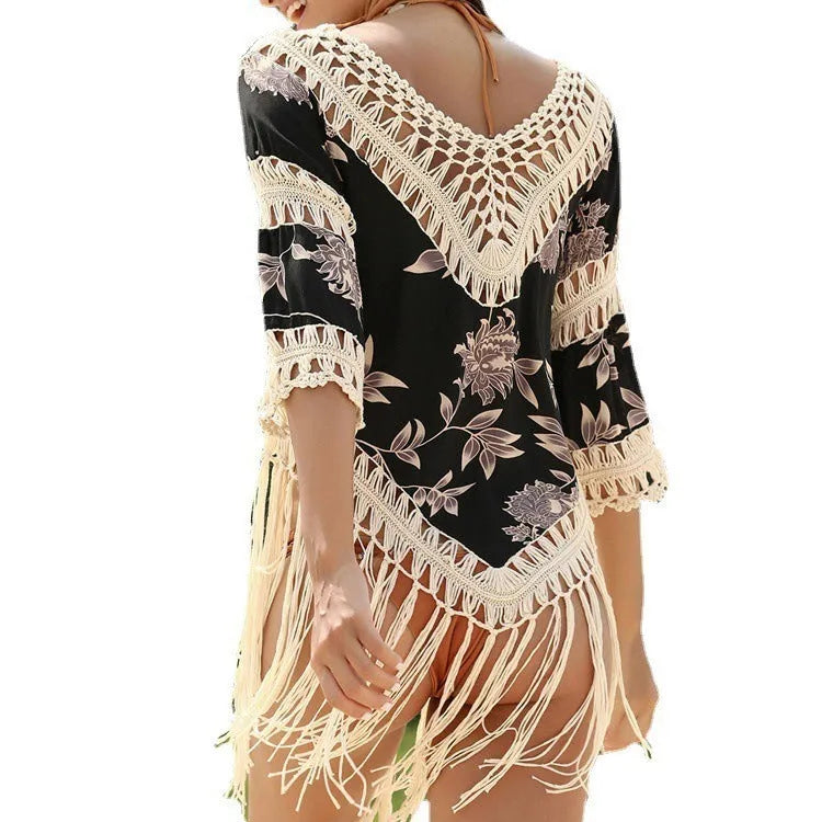 Women's apricot mercerised cotton sun protection shirt with v-neck and hollow-out sleeves