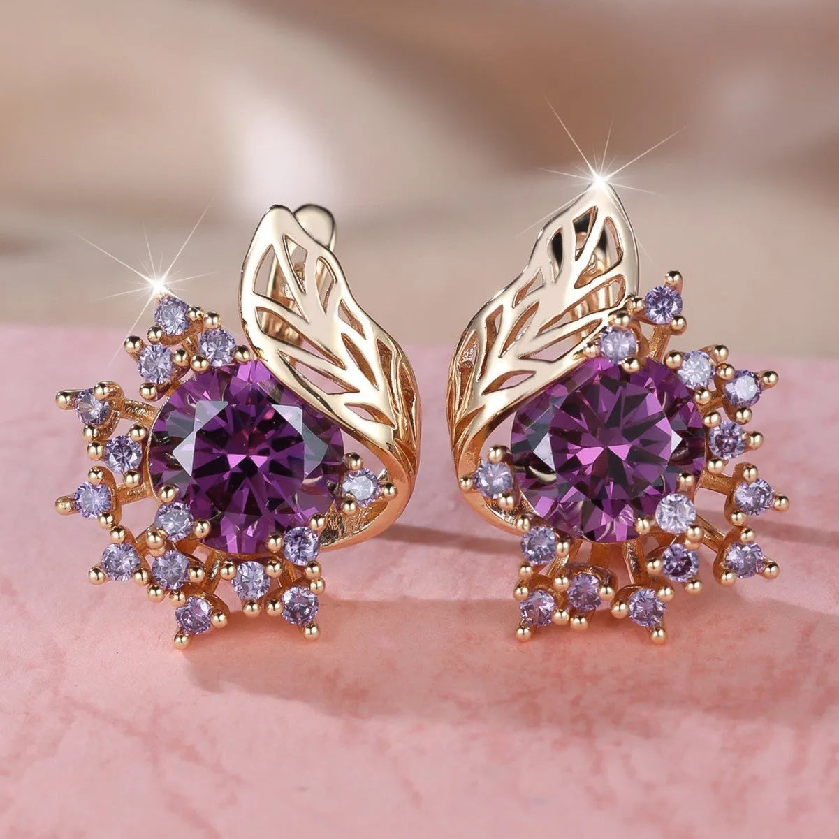 Round flower feather zircon earrings for women in champagne gold copper electroplated natural style