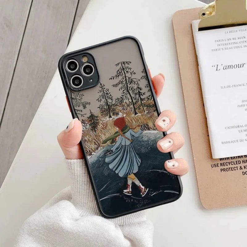 Vintage cartoon scenery girl phone case displayed on iPhone showing Japanese and South Korean inspired print