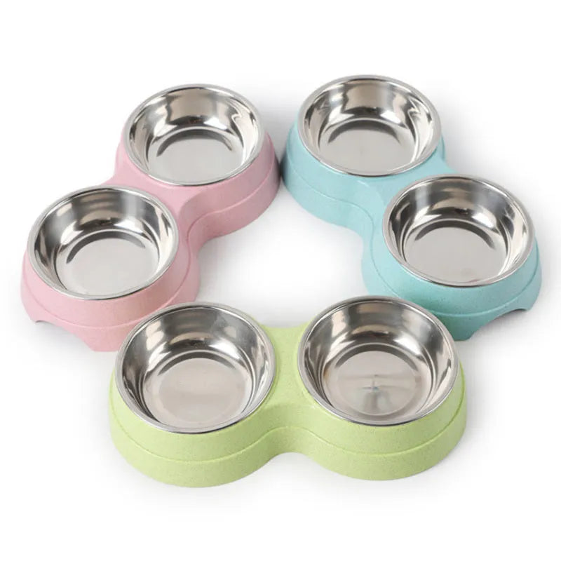 Stainless steel pet rice bowl with straw plastic base in blue, 24.5x13.5x4.6 cm