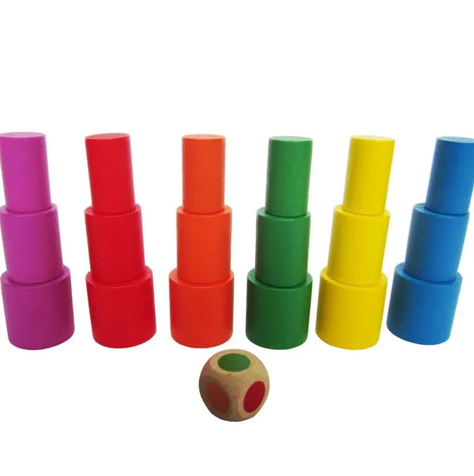Moon-shaped wooden balance game with blue and yellow pieces for children aged 2-4 years