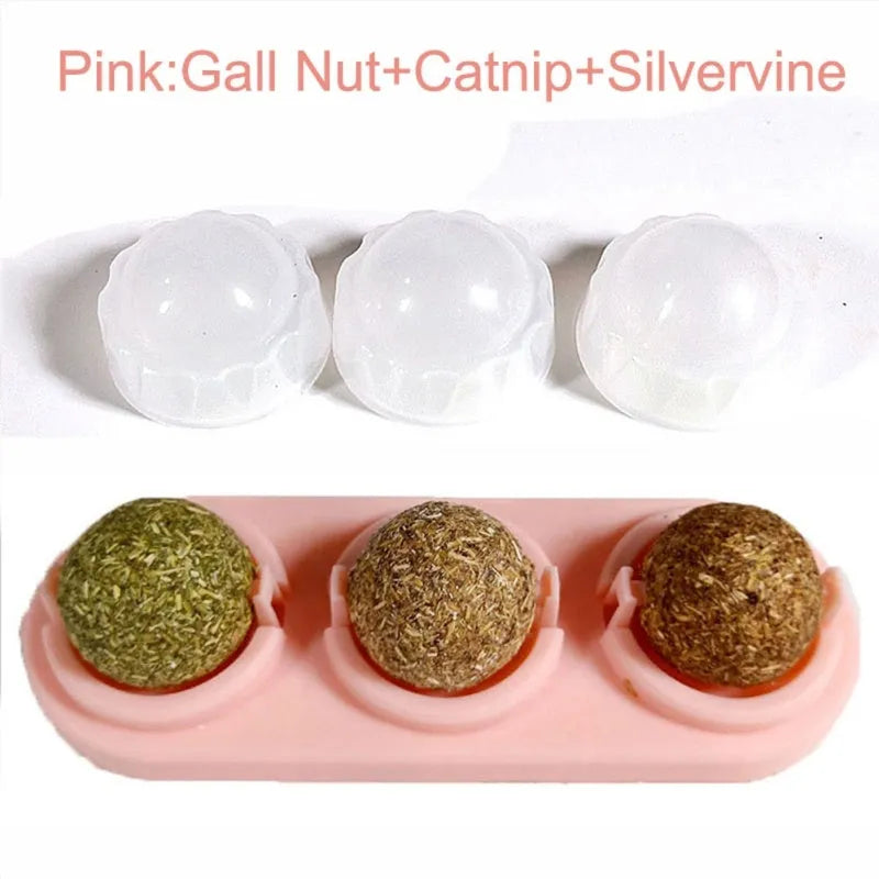 Self-adhesive rotated catnip lick ball for cats in blue, green, pink, white, mint, red colours with natural ingredients