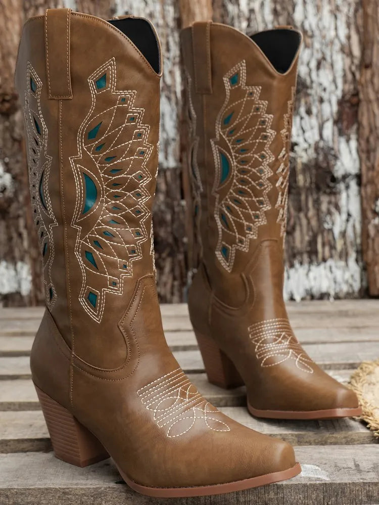 Embroidered square head knight boots for women in camel with mid heel and artificial PU upper