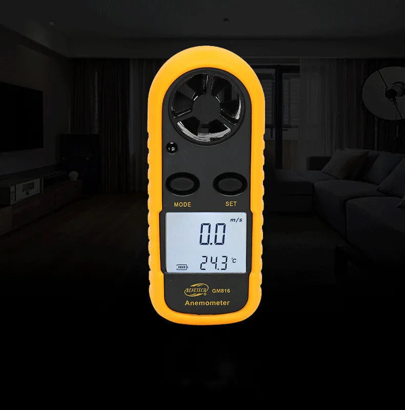 Biaozhi orange digital wind speed meter showing 105mm compact dimensions