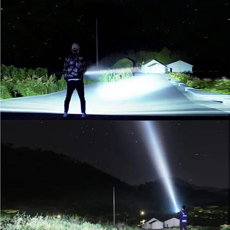 Black aluminium alloy tactical LED flashlight with a large 55mm head, shown with USB cable and yellow box.