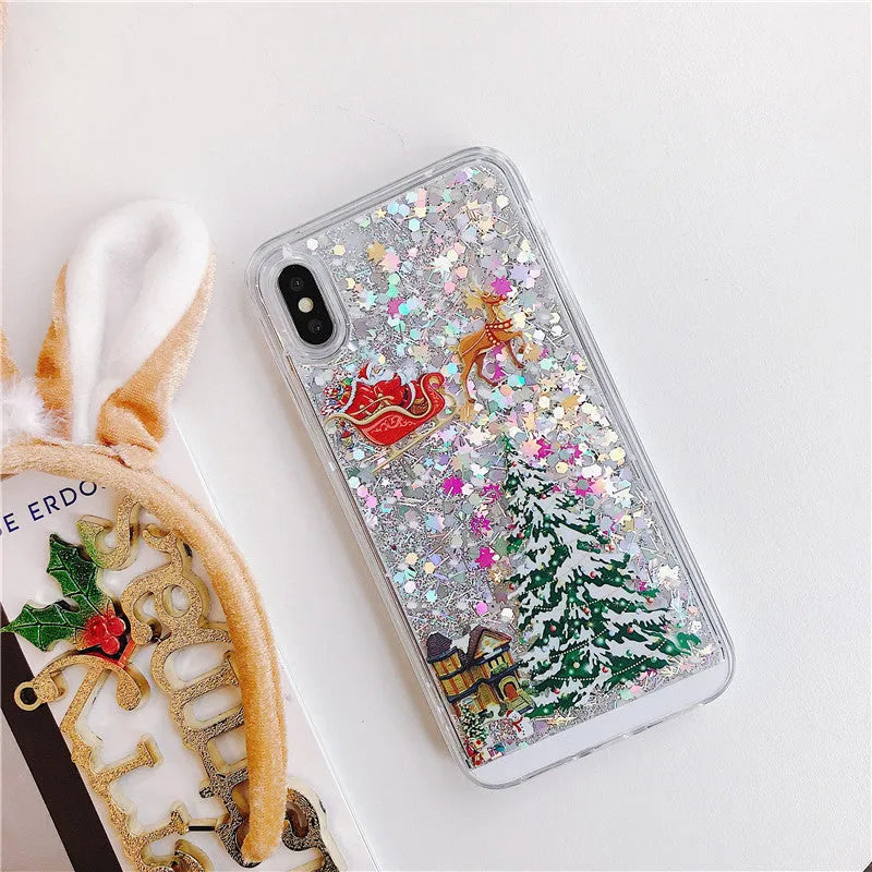 Christmas quicksand design iPhone case showing transparent double layer TPU and PC construction
