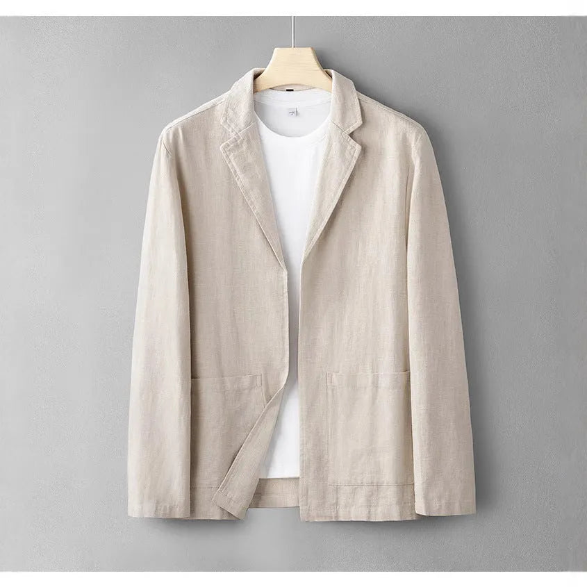 Solid colour linen long sleeve leisure suit jacket for men in apricot with button front