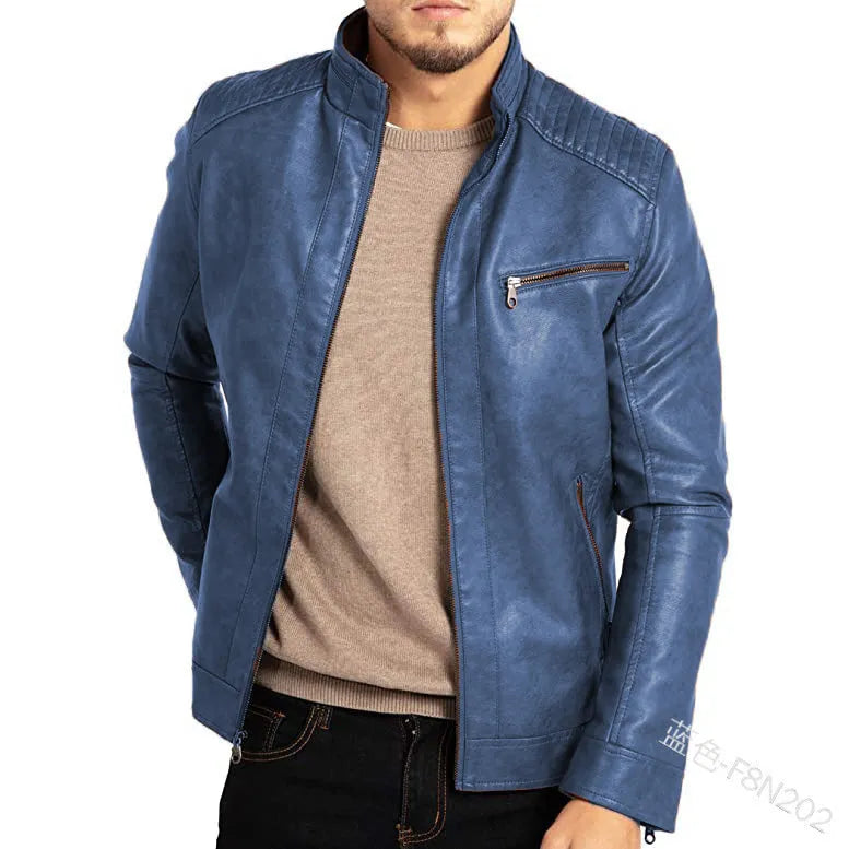 Men's brown punk style artificial leather motorcycle jacket with stand collar.