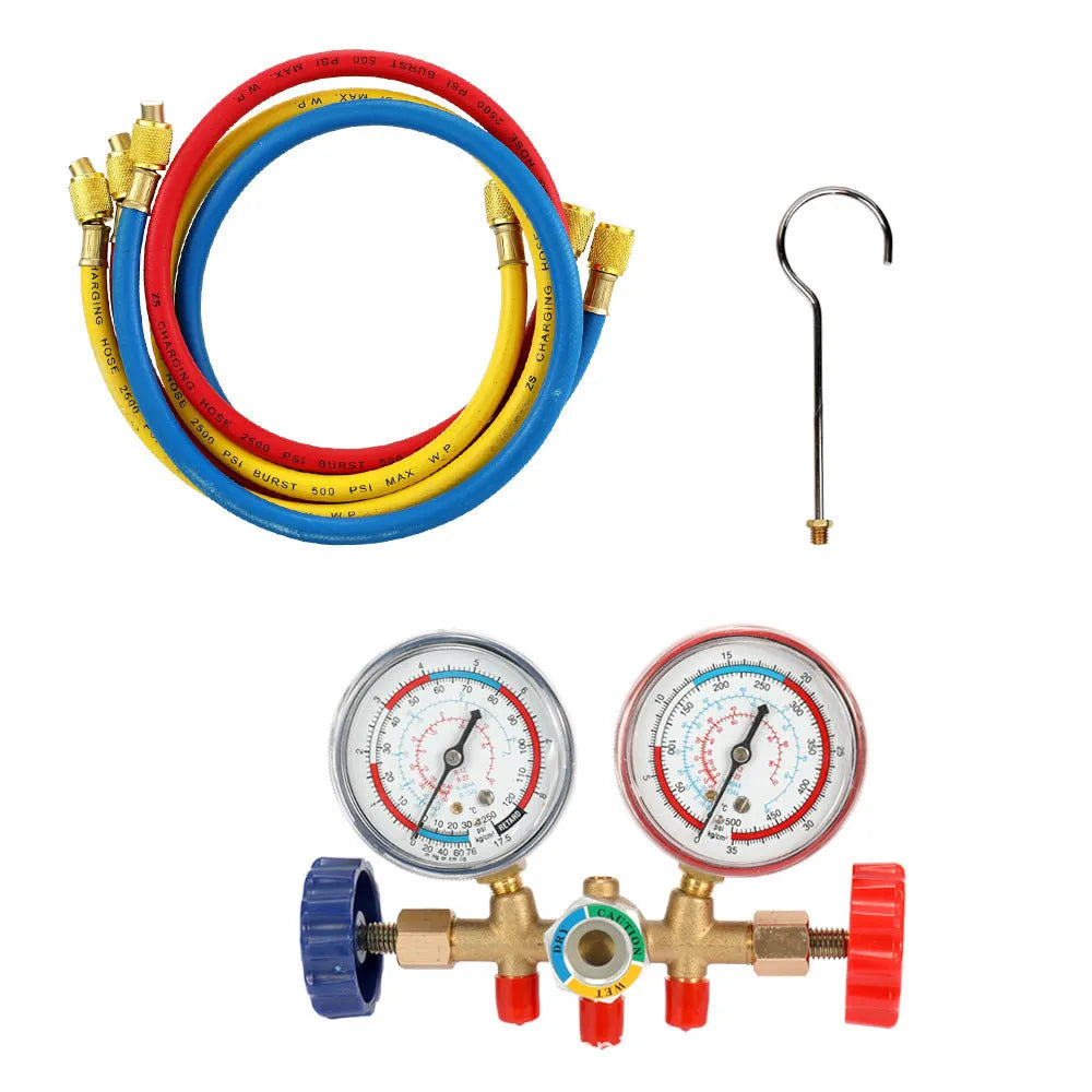 Refrigerant instrument cluster with yellow and red colour-coded hoses, brass manifold, and hook for automotive AC service