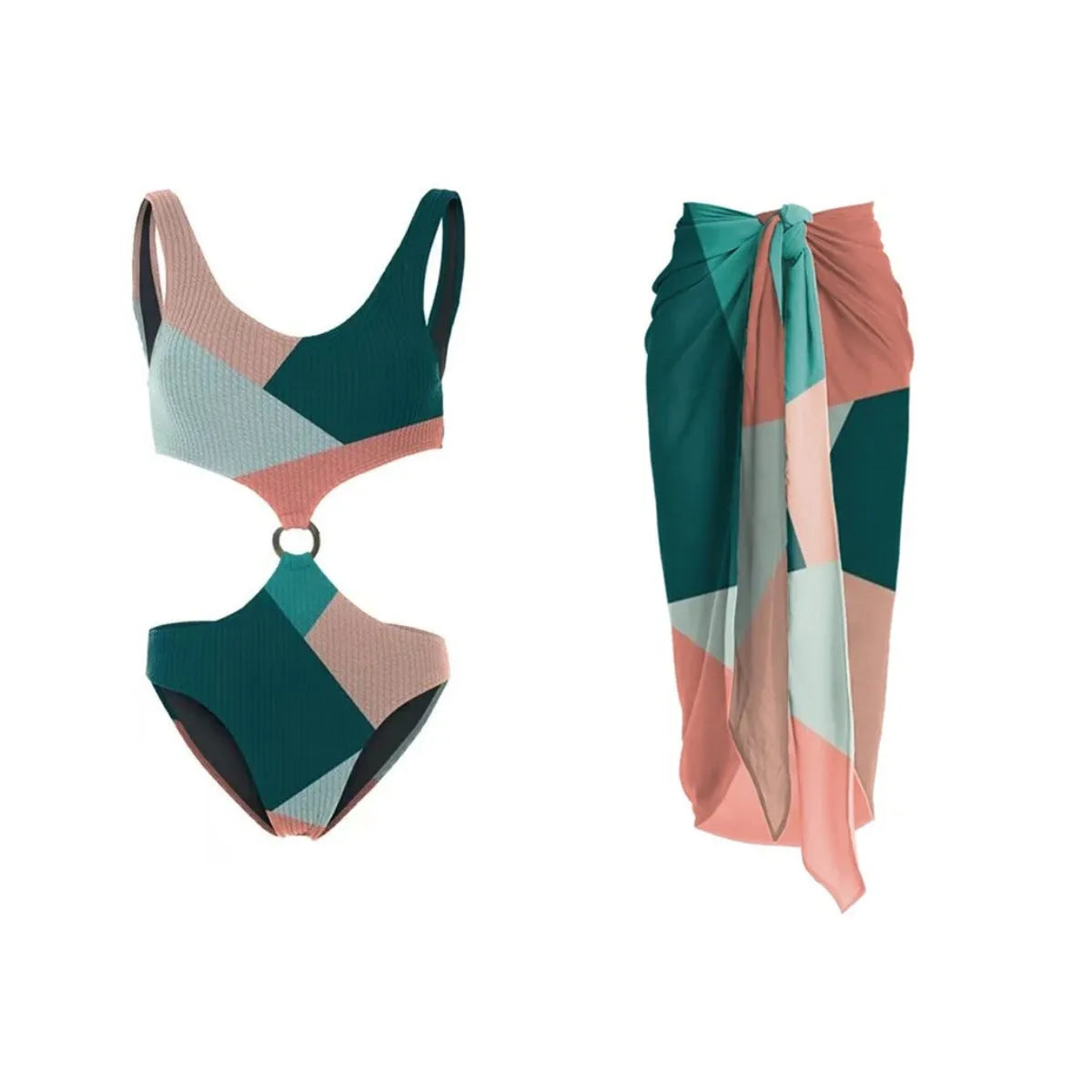 Women's two-piece bikini set with a matching mesh gauze skirt in contrast colours.