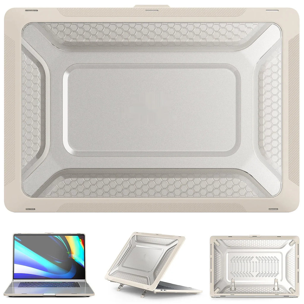MacBook hard shell protective case in four colours: black, grey, apricot, and blue, shown on a laptop.