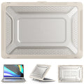MacBook hard shell protective case in four colours: black, grey, apricot, and blue, shown on a laptop.