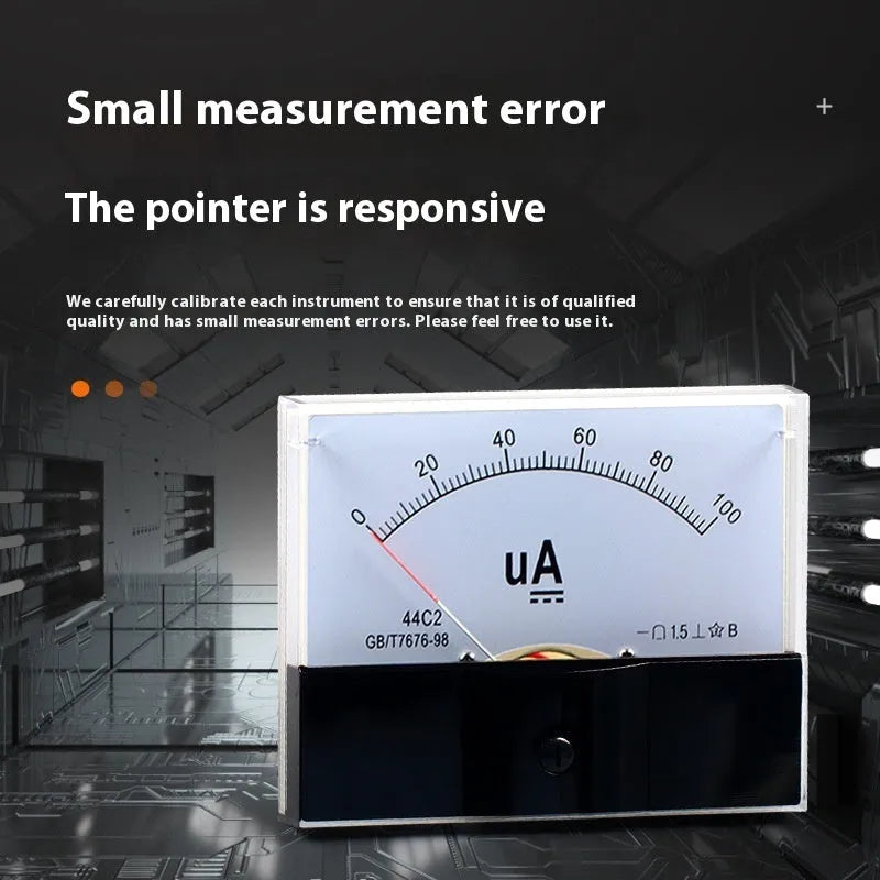 44C2 pointer DC ammeter mechanical panel meter black rectangular case with clear scale and needle